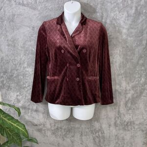 Carolina Belle Velvet Blazer Jacket women’s L Burgundy Double Breasted Floral